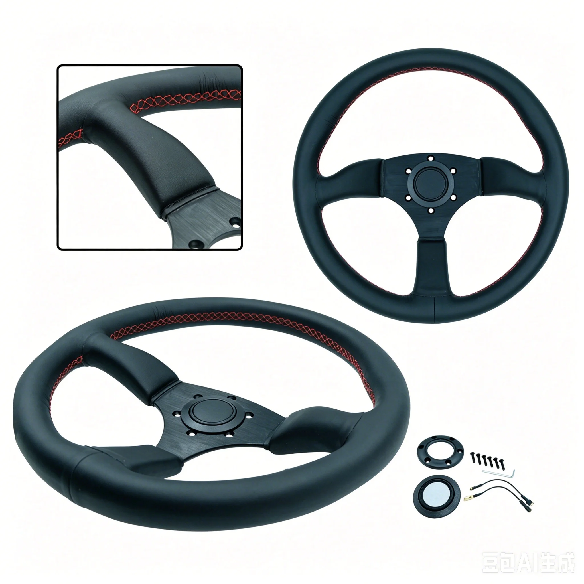 350mm Deep Dish Racing Steering Wheel Genuine Leather Red Stitching 3 Spoke 6 Bolt Universal Car Sport Sim Racing Wheel