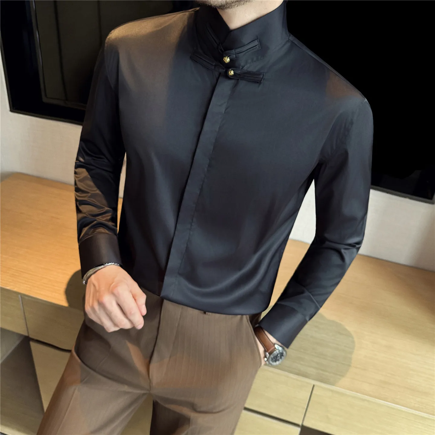 

Chinese Style Stand Up Collar Button Down Shirt Men Long Sleeved Casual Shirt High Collar Business Office Social Formal Shirts