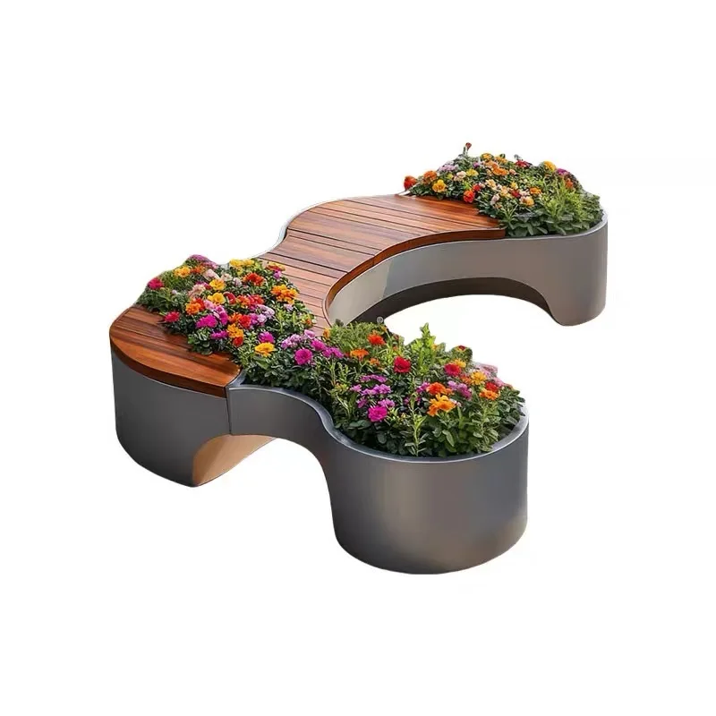 Stainless steel seat outdoor park preservative wood courtyard pedestrian street stool flower box combination