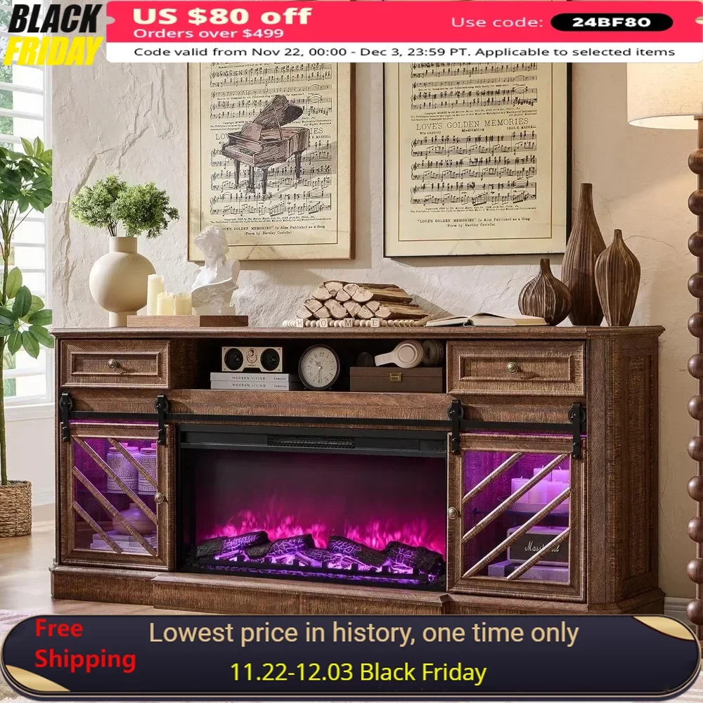 

TV Stand for 85 Inch TV with Drawers Storage&Cabinets Farmhouse Highboy Entertainment Center Electric Fireplace TV Console