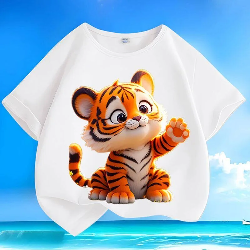 Cute and Playful New Summer Cute Tiger Pure Cotton Printed Children's Round Neck T-shirt Loose Casual Top for Parent-child