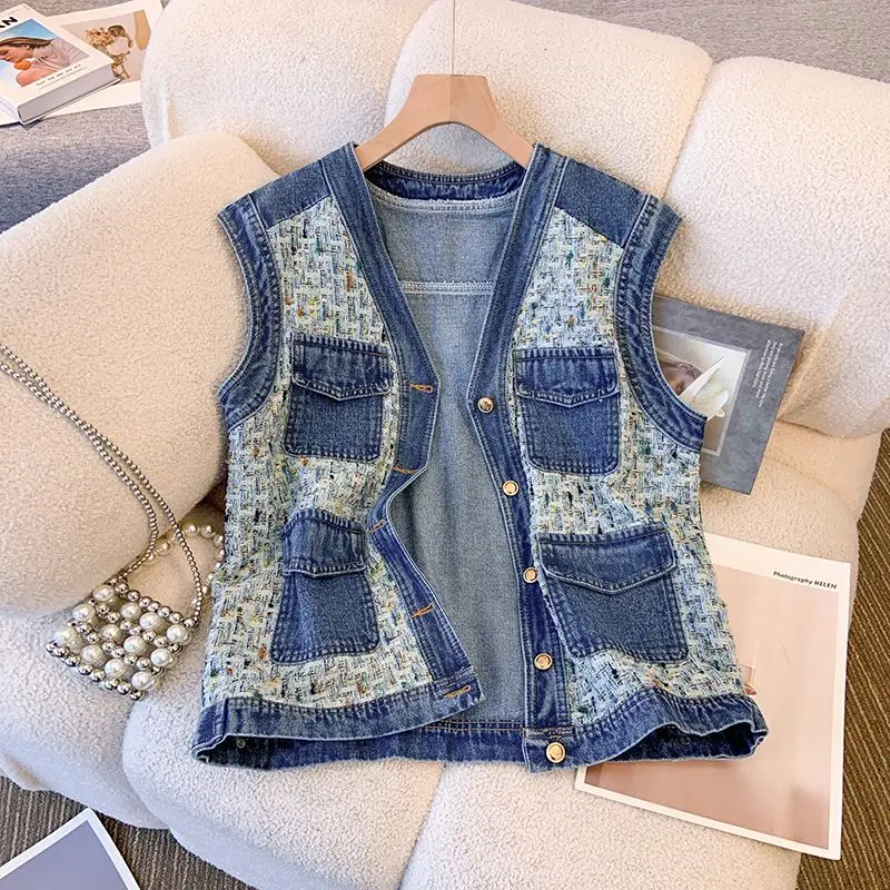 

Nice New Vintage Trend Pocket V-neck Vests Coats Women Clothing Fashion Patchwork Sleeveless All-match Femme Trend Tops