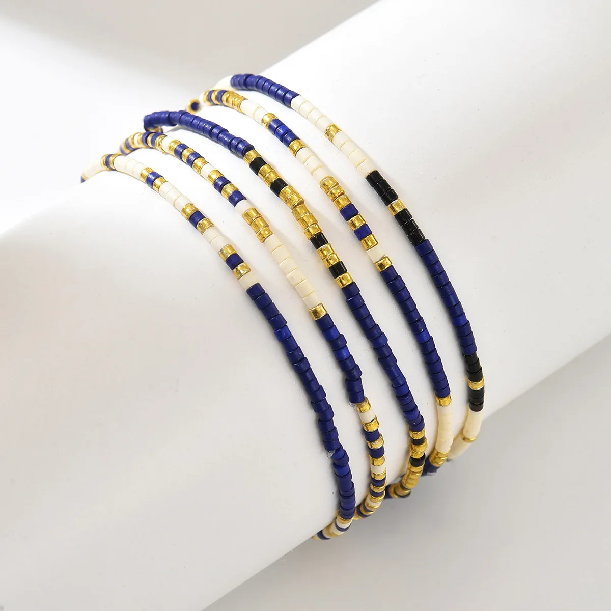 4/5/6Pcs Navy Blue White Gold Miyuki Seed Bead Stackable Bracelet Set, Bohemian Multilayer Thin Strand Wrist Jewelry for Women