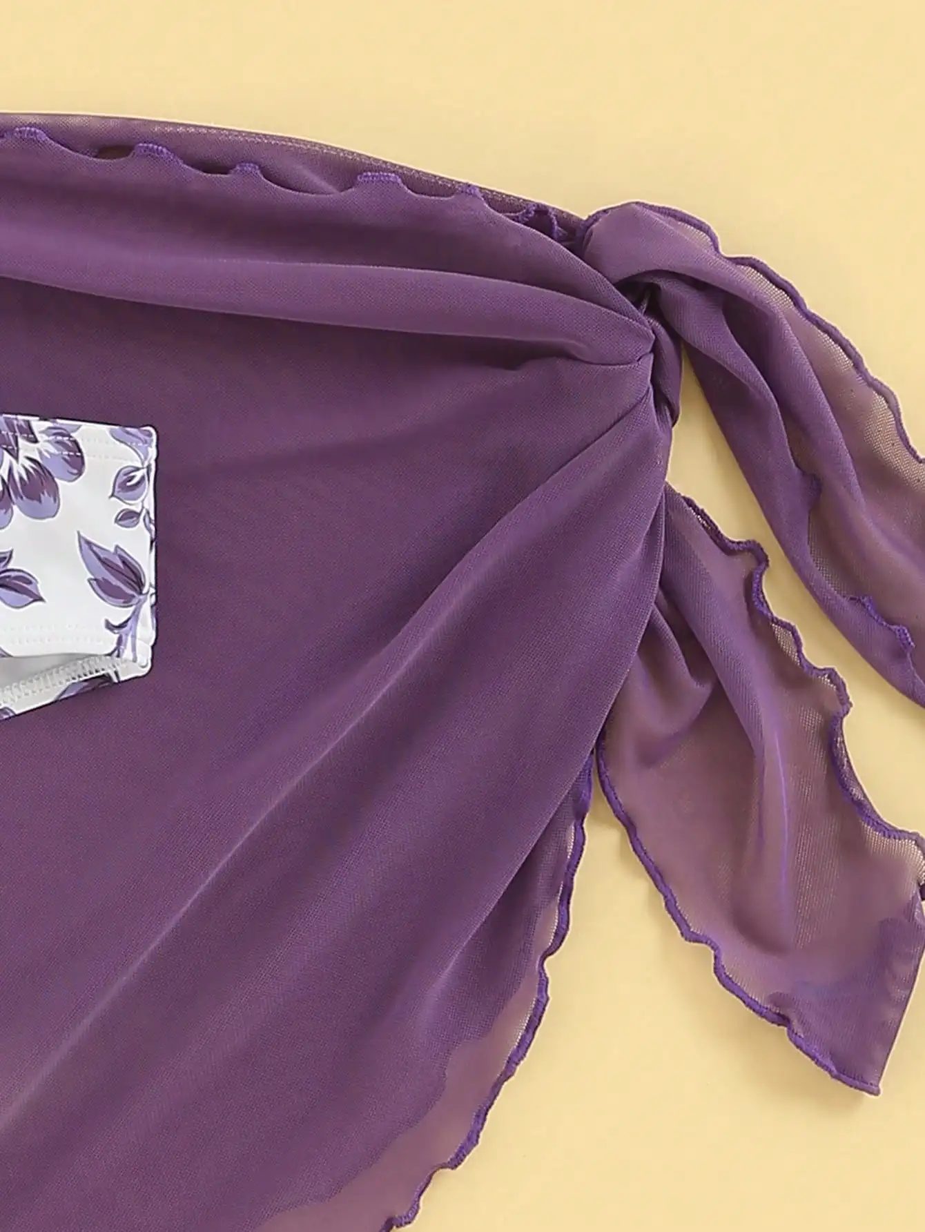 

Purple Floral Halter Triangle Bikini With Sheer Wrap Skirt And Scallop Trim