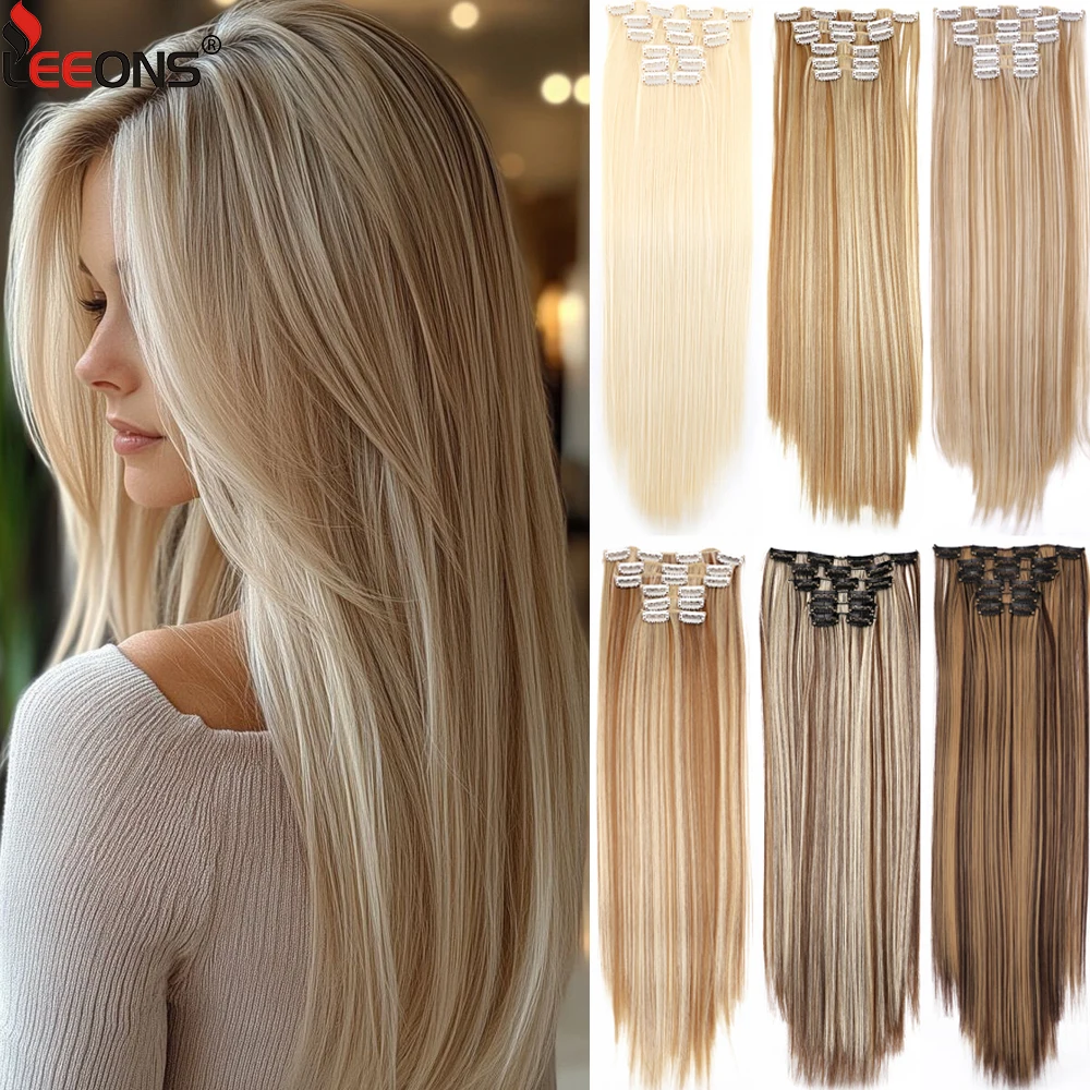 

22 Inches Synthetic Long Straight Hairstyle 16 Clips 6Pcs/Set Hair Extensions Blonde Black Hairpieces Heat Resistant For Women
