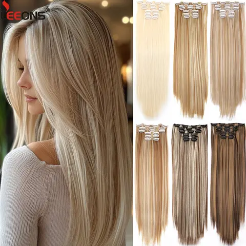 22 pouces synthétique longue ligne droite coiffure 16 Clips 6 pièces/ensemble Extensions de cheveux Blonde noir postiches résistant à la chaleur pour les femmes