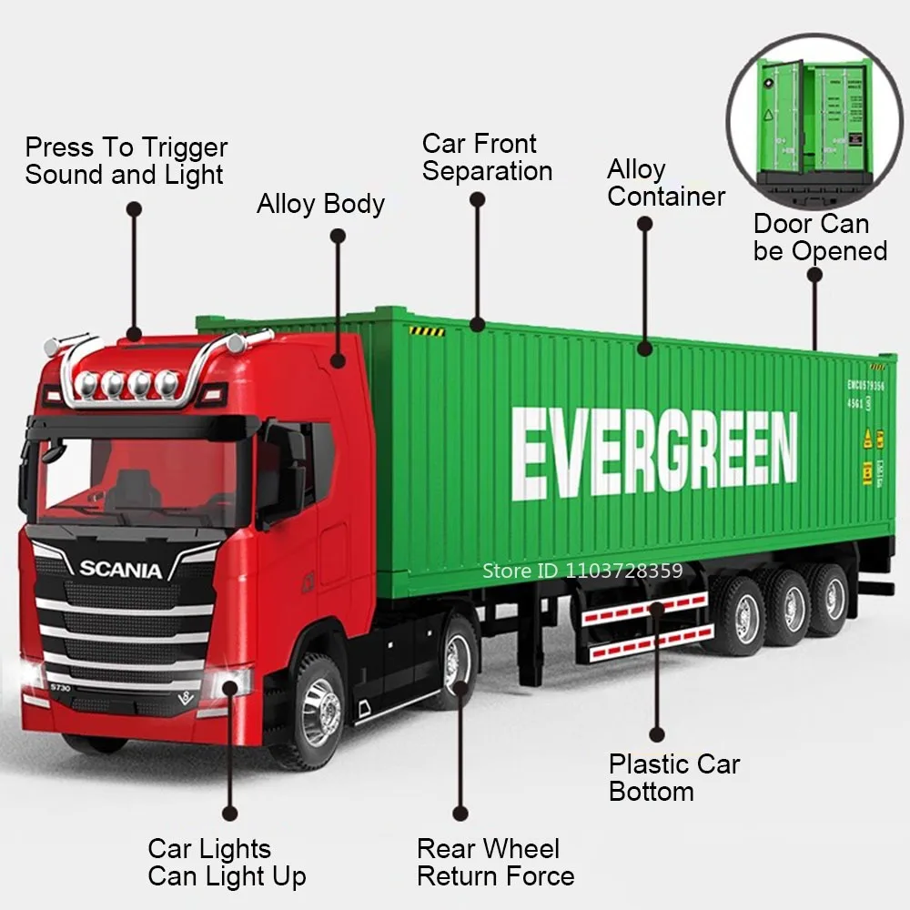 1:50 Scale American Scania Container Truck Model Toys Alloy Diecast Doors Opened Sound Light Rubber Tires for Boys Presents - view 6