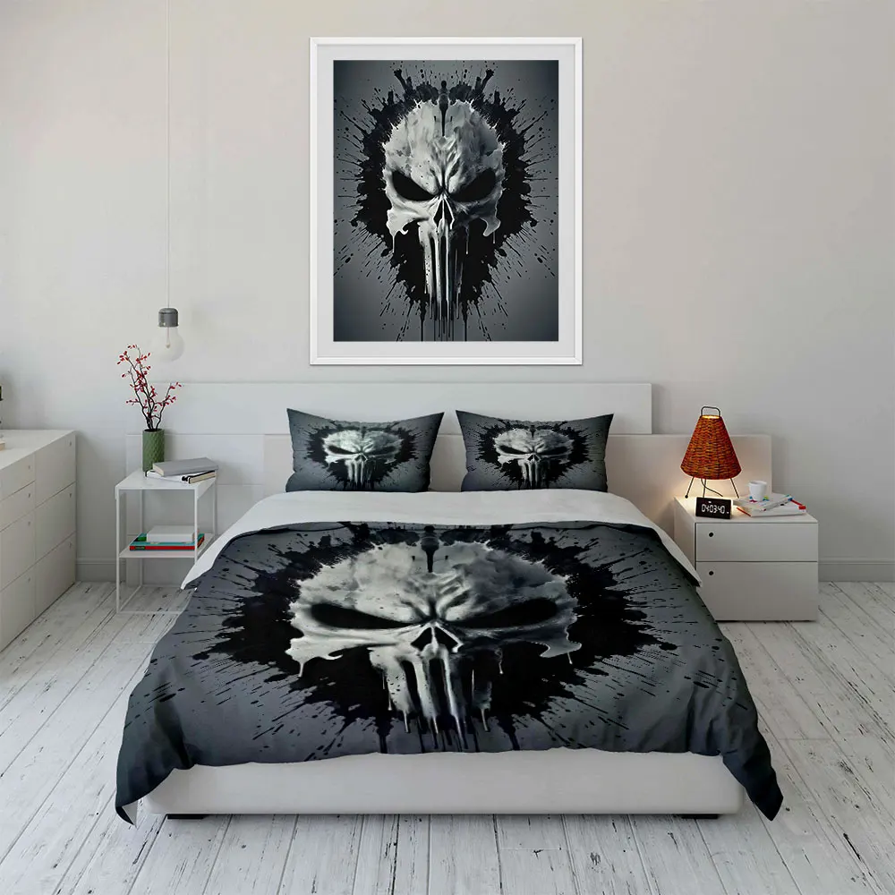 Skull art with black splatters Print Soft Comfortable Duvet Cover Bedding Set Included 1*Duvet Cover  2*Pillowcases Luxury Gift