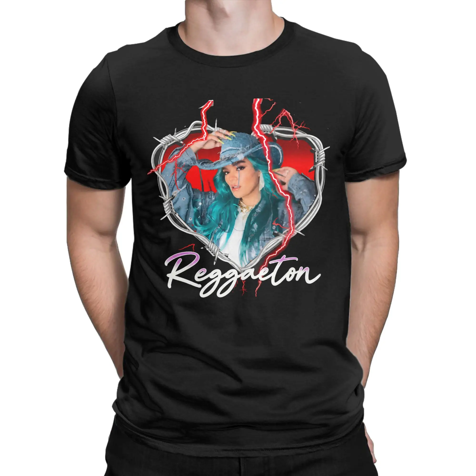 Fashion Karol G Barbed Wire Heart Lightning Portrait T-Shirt for Men O Neck Cotton T Shirt  Short Sleeve Tee Shirt Gift Clothes