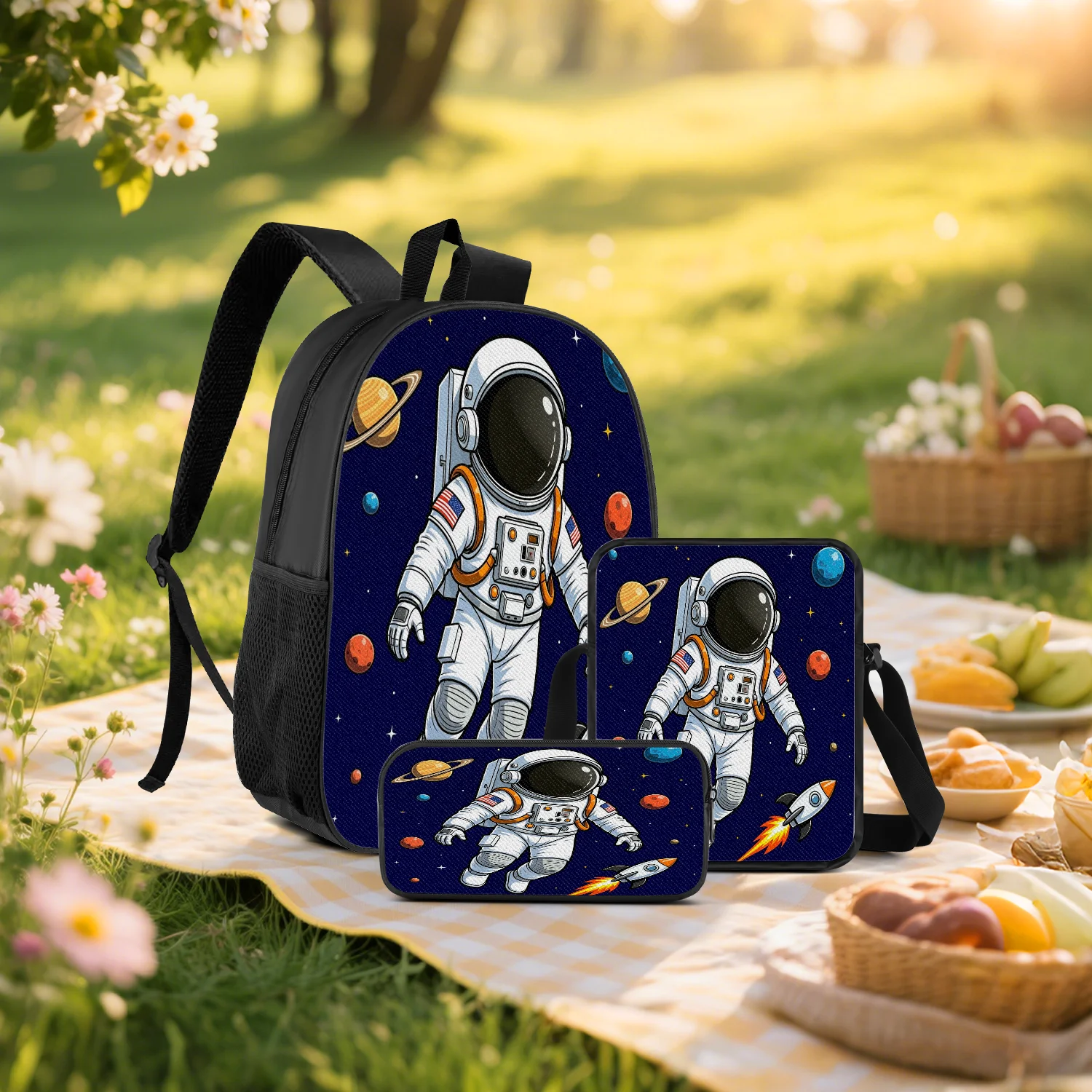 3-Piece Space Astronaut Planet Print Backpack Set, Includes Backpack, Crossbody Bag and Pencil Case, Lightweight Unisex