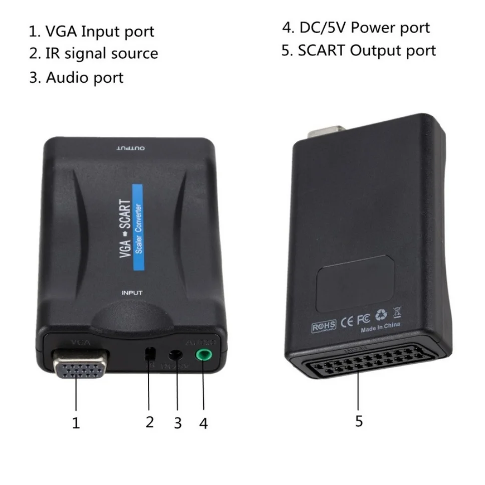 Adapter konwerter wideo-audio VGA do SCART ze zdalnym kablem kontrola mocy cyfrowa Audio TV wideo konwerter sygnału dla DVD Box