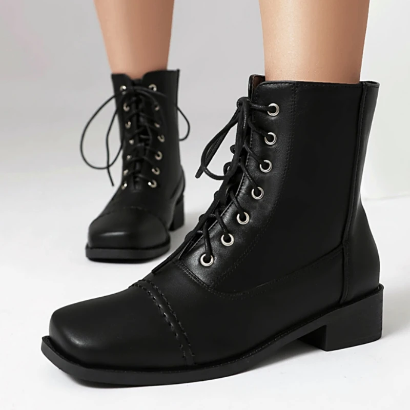 

Women's Ankle Boots Autumn Winter Short Western Boot Shoes Black Square toe Lace-up Block Low Heels Party Footwear Water-proof