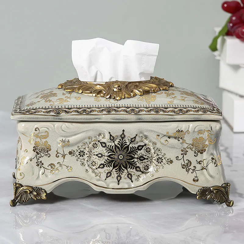 Villa model room ceramic alloy tissue box, European luxury American living room coffee table decoration paper box ornament
