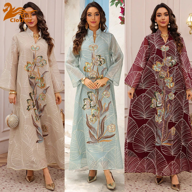 

UNI Eid Muslim Dress for Women Mesh Embroidery Ramadan Jalabiya Party Long Dresses Abaya Robe Morocco Kaftan Islam Vestidos Larg