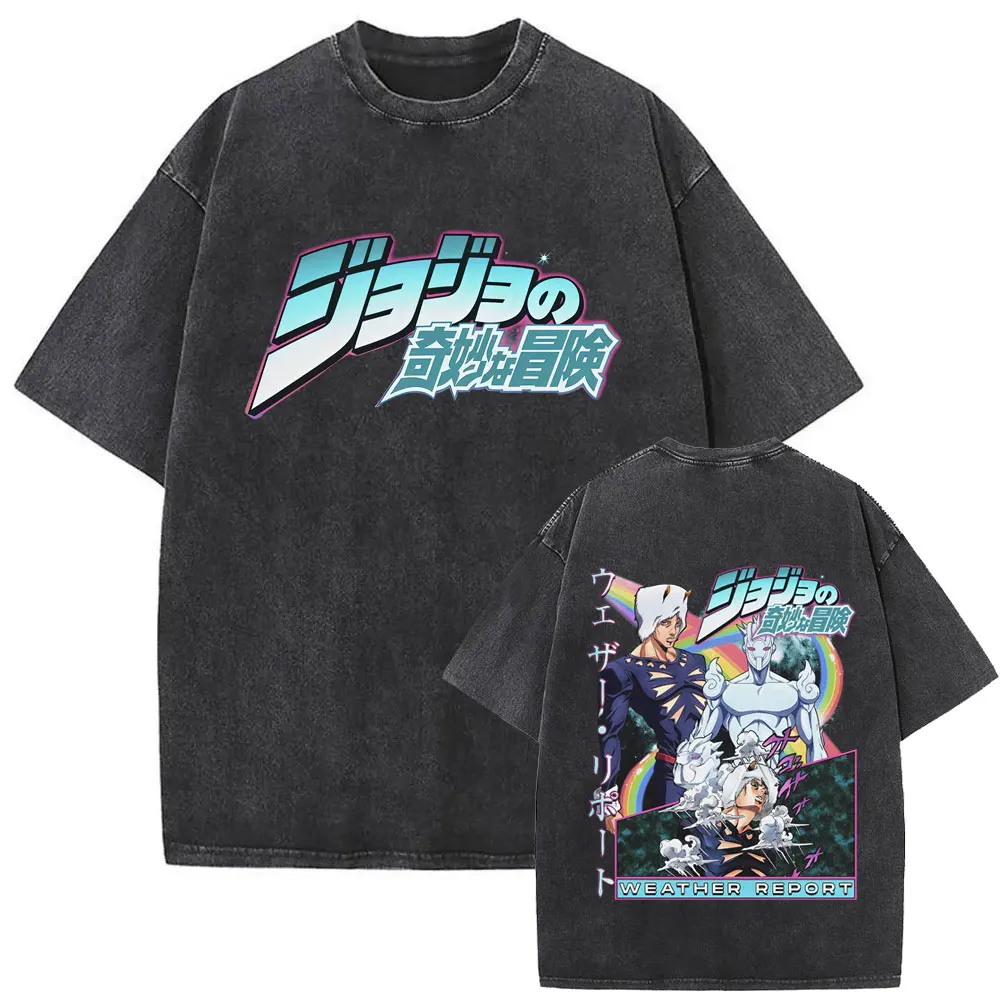 Washed Vintage Anime JoJo Bizarre Adventure Weather Report Double Sided Print T Shirt Men Women Cartoon Retro Oversized T-shirt