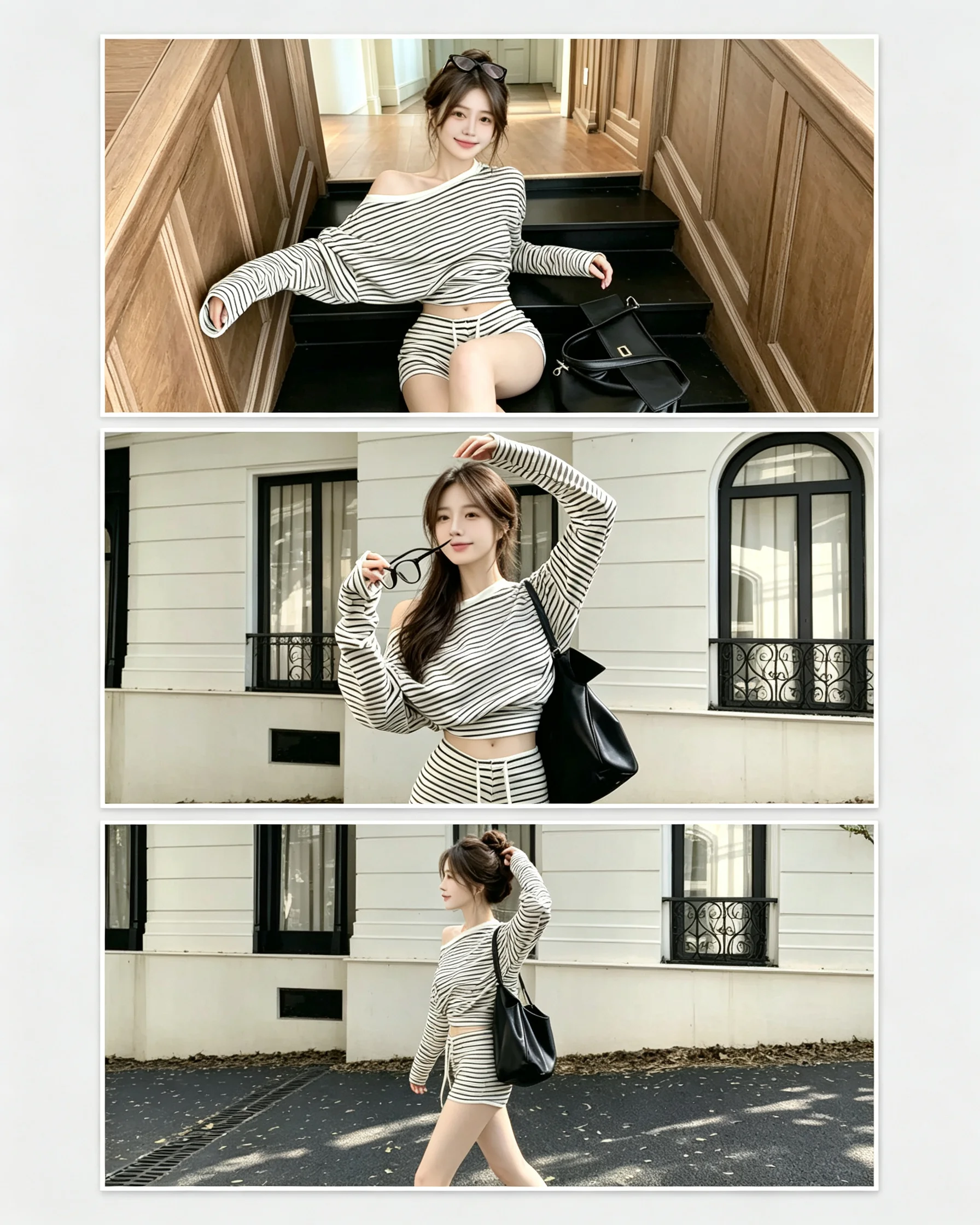 Korean Premium Striped Loungewear Set, Lazy Long-Sleeve Top & Shorts Pajamas for Women | Hot Spring & Summer Item, Relaxed Fit V