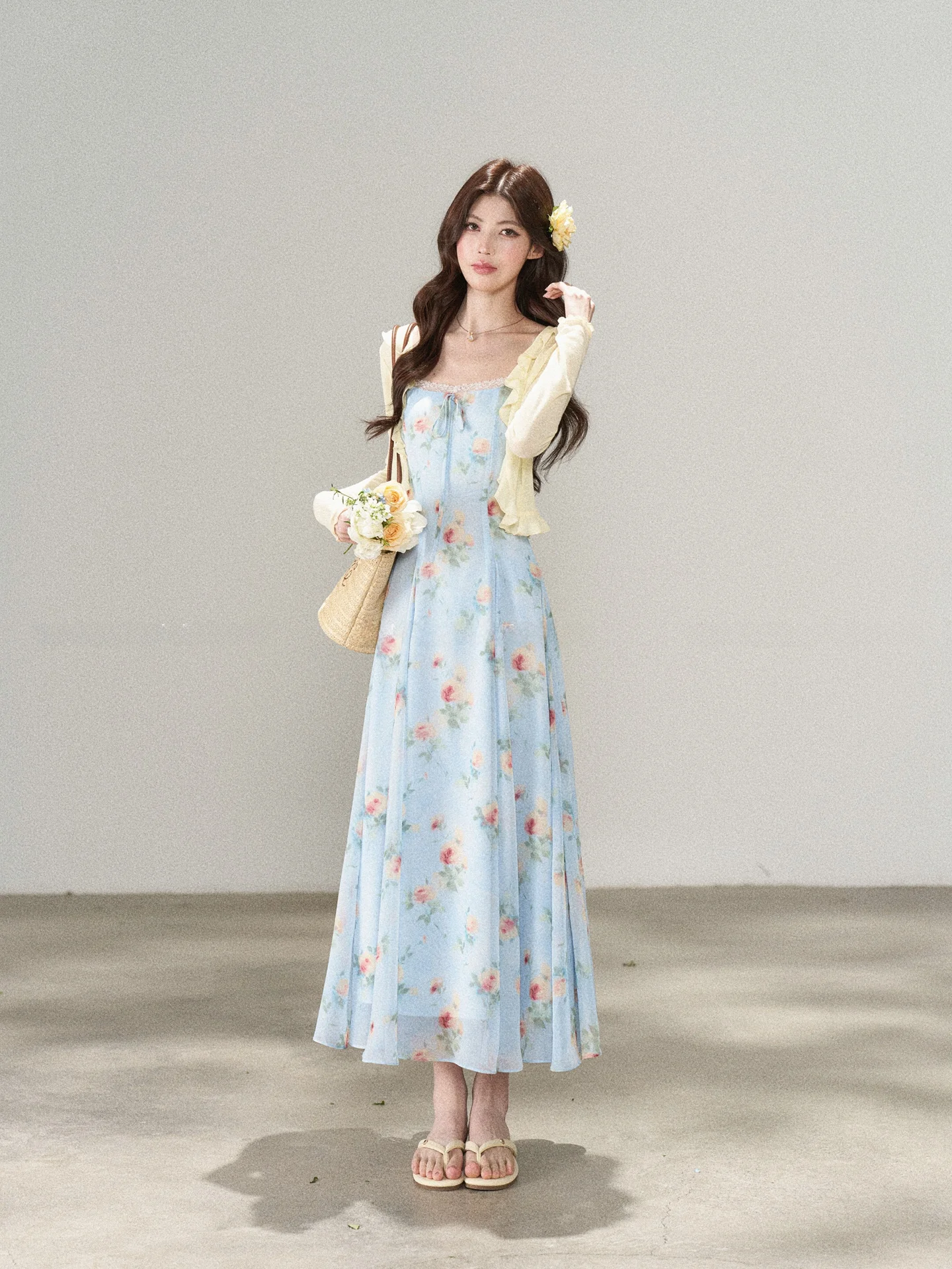 Elegant Floral Print Two-Piece Set Women's Dress Slim Fit Long Sleeve V-Neck Casual Elegant Style Spring Summer Fashion