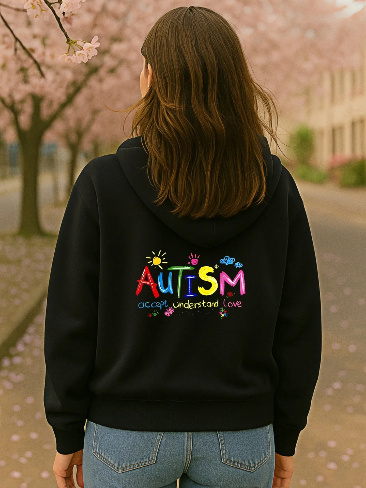 هوديي أساسي مطبوع عليه رسومات التوحد، نمط جمالي كاجوال، مبطن بالصوف، ملابس يومية غير رسمية، للمراهقين