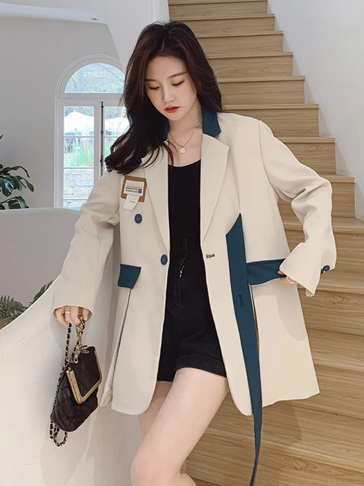 LANMREM Color Block Patchwork Blazer Notched Collar Long Sleeve Loose Asymmetrical Casual Coat Fashion Female 2024 Spring 2N691