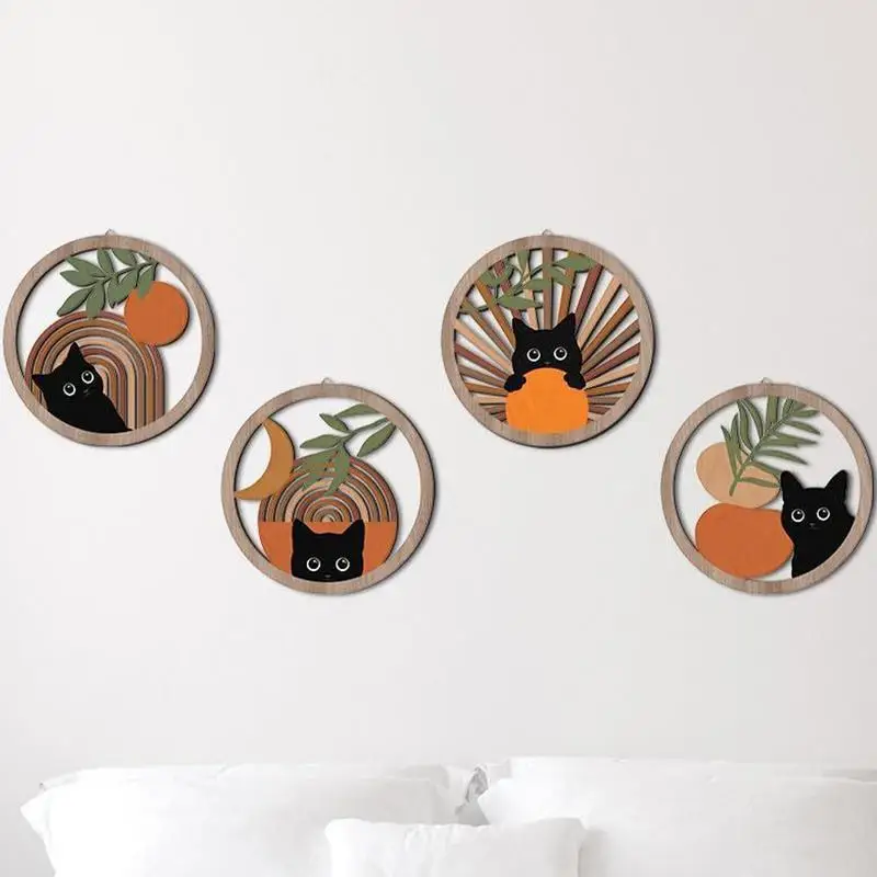 Cat Wall Art Pack Of 4 Bohemian Cat Decorความงามตกแต่งห้องนอนFarmhouseเรขาคณิตHangings 10X10 นิ้วสําหรับห้องนั่งเล่น