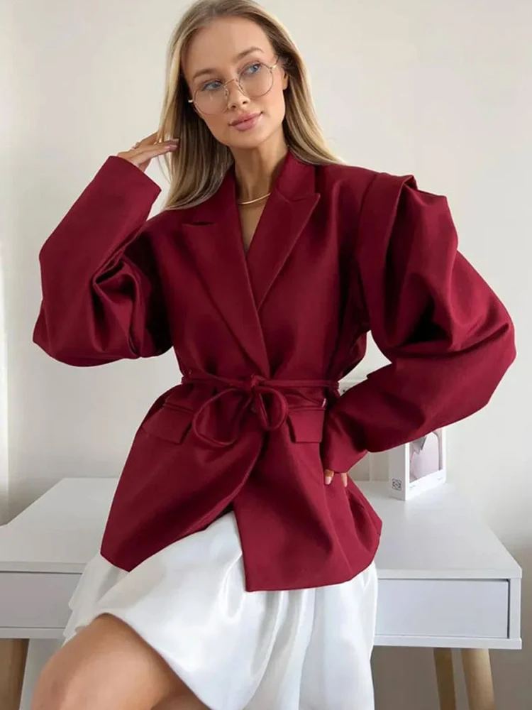 FSMG New Design Solid shoulder pad Loose Suit Collar Coat For Women Elegant Belted Waist cinching Suit Jacket Street Chic Tops