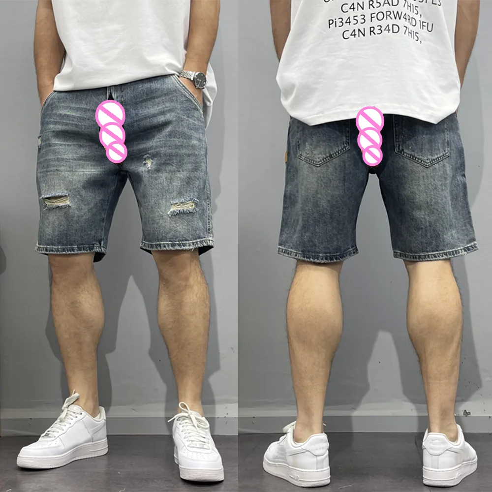 Invisible Open Crotch Outdoor Sex Summer Clothes Vintage Ripped Denim Shorts Men's Street Trend Five-point Medium Pants