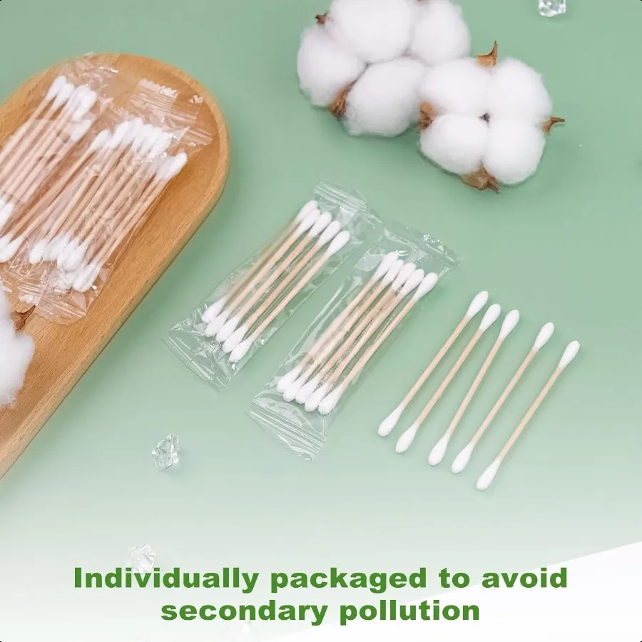 مسحات القطن ملفوفة بشكل فردي أعواد قطنية السفر العضوية مزدوجة يميل الخيزران العصي لمكياج الأذن شكل دائري مزدوج 5 قطعة