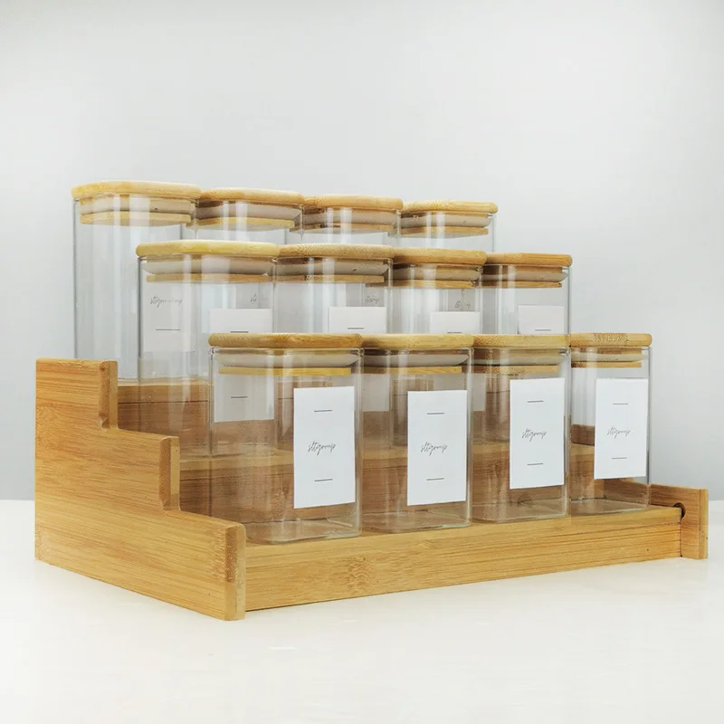 Clear Glass Bottle Kitchen GIft Food Storage Pots 12 pcs of 200ml Square Glass Jars with Spice Rack