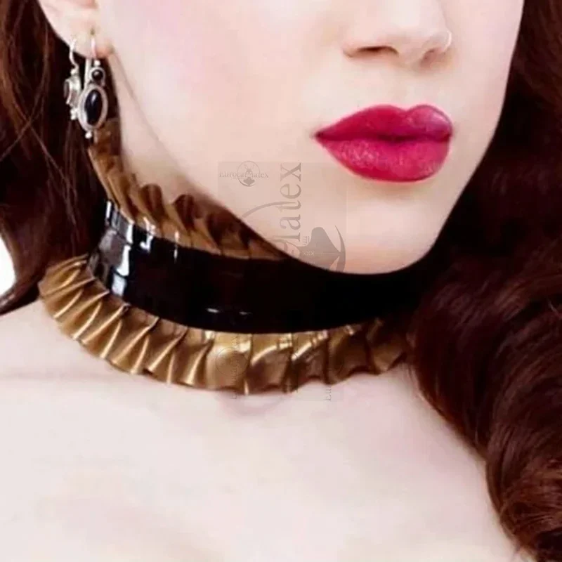 

Black And Golden Frills Sexy Latex Collars With Buttons At Back Rubber Choker French Maid