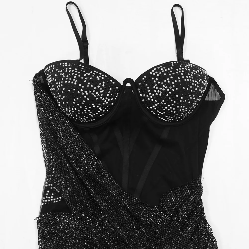 المرأة مثير بلون السباغيتي حزام حجر الراين ديكور بقماش شفاف غير النظامية فستان الحفلات