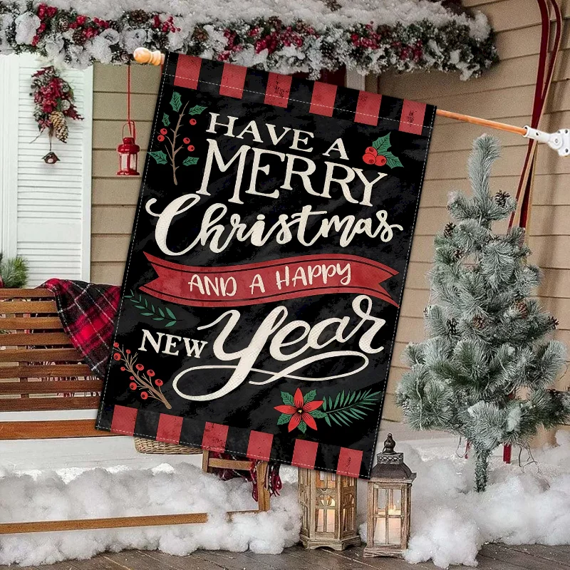 VIKAMA Merry Christmas New Year Garden Flag, Poinsettias Holly Berry Outdoor Yard Hanging Decor, Outdoor Decor
