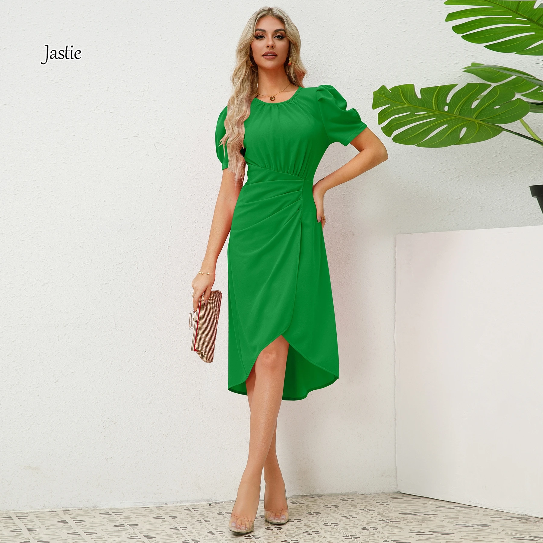 Jastie Round Neck Bubble Sleeves Dress Retro Pleated Waist Women's Dresses Summer Slim Fit Mid Length Dress Woman Clothing 2024