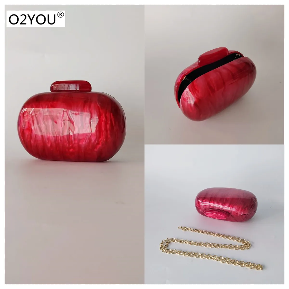 New Oval Shinny Pearl Red Marble Acrylic Box Clutches Evening Purses Women Trending Luxury Wedding Handbags Bolsa Feminine Bag