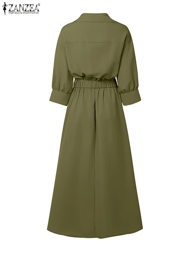 ZANZEA Elegante Lange Hemd Kleider 2025, Frauen Herbst Revers 3/4 Hülse Party Sommerkleid Fashion Solid Hohe Taille Plissee Maxi Robe