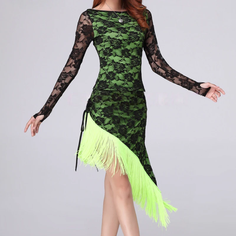 

Women Lace Latin Dance Dress Tassel Ballroom Standard Dance Dress Rumba Competition Social Dancing Stage Performance Costume