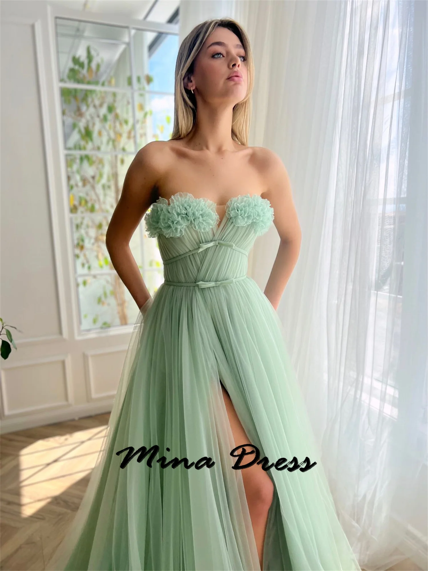 Mina Customized Elegant Evening Dress Woman Luxurious Gala Dresses 2024 Tube Top Off-the-shoulder Tulle A-shaped Side Slits Prom