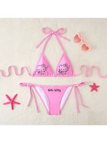Y2K Hello Kitty Print Pink Triangle Bikini Set Women's Cute KT cat Tie Side Two Piece Swimsuit for Beach Vacation