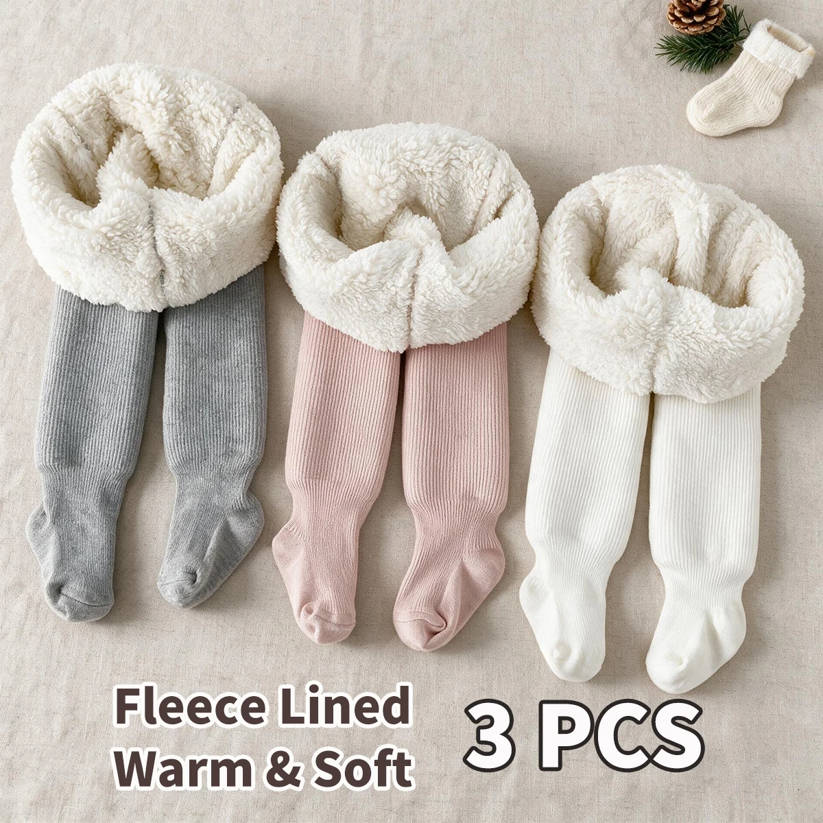 3 PCS Baby Girls Solid Color Thick Fleece Lined Footed Tights, Stretchy Thermal Pantyhose for Autumn Winter