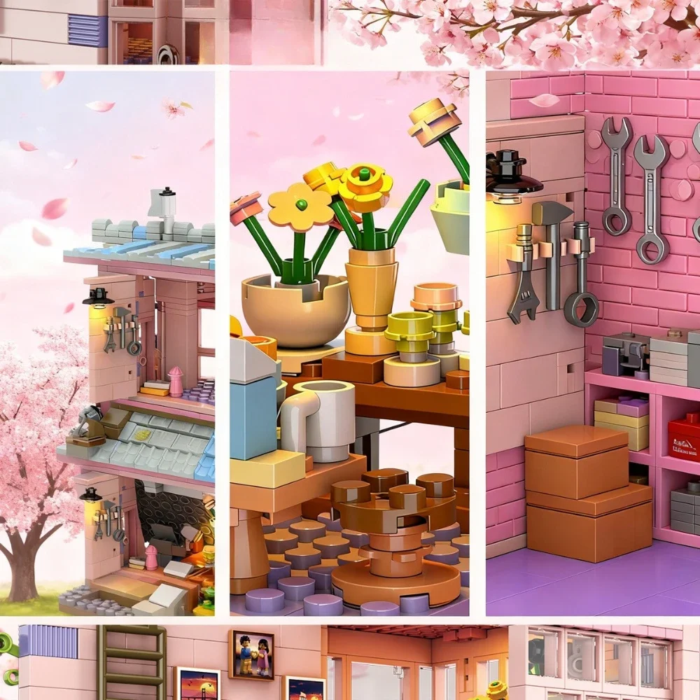 MOC Sakura-Juego de bloques de construcción de casa de Villa de dos pisos, escenarios de la vida diaria, cabaña rosa, juguetes para niños, regalos de cumpleaños