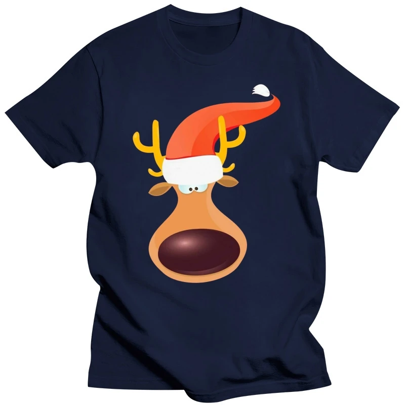 Big Nose Reindeer Face & Antlers Wears Santa Hat Christmas Mens T-Shirt Oversized Tee Shirt