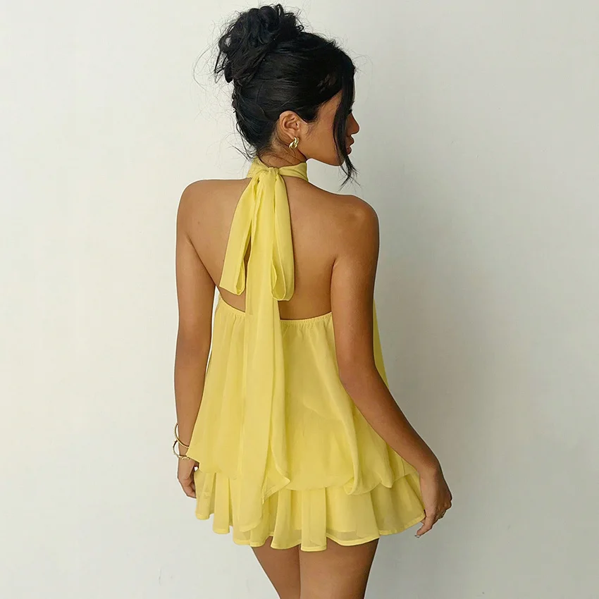 Linad أنيقة المشمش الشيفون فستان الرسن مثير عارية الذراعين الطبقات فساتين صغيرة الإناث الأصفر شير فستان الحفلات 2025 الخريف القوس #1