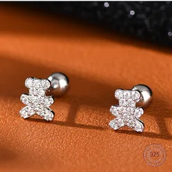 925 Sterling Silver Small Bear Zircon Stud Earrings for Women Cute Animal Screw Earring School Student Piercing Jewelry Hot Sale