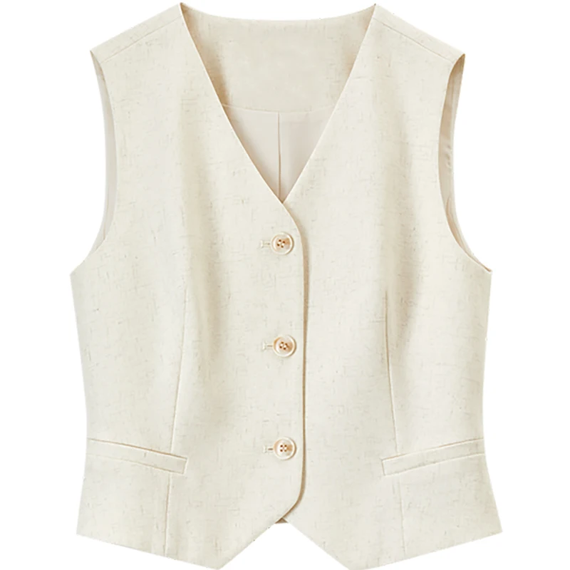 Sentubila mistura de linho feminino colete escritório senhoras elegante decote em v único breasted sem mangas colete 2025 roupas femininas 152ja1922
