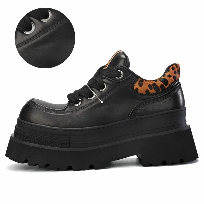 Original Thick Soled Height Increasing Shoes for Men's Genuine Leather Leopard Print Stitching Fashiona Casual Derby Shoes Male