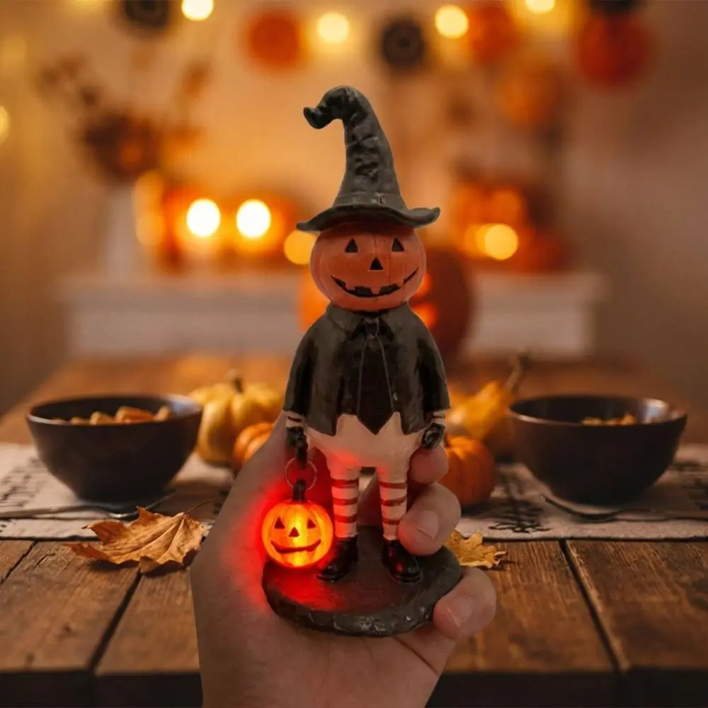 Light Up Halloween Pumpkin Lantern Vintage Resin Pumpkin Man Tabletop Statue Hand‑Painted Handheld Pumpkin Witch Figurine