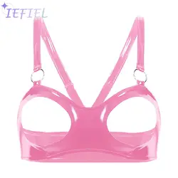 Women Shiny Leather Latex Underwire Bra Tops Halter Cupless Bustier Corset Lingerie Nightclub Party Costume Underwear Nightwear