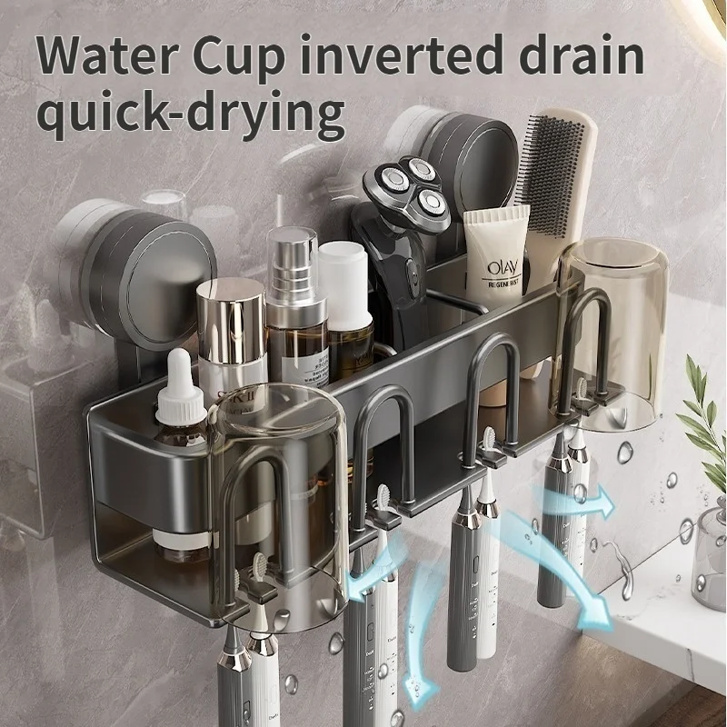 

No Need To Drill Suction Cup Bathroom Toothbrush Holder With Cups, Toothbrush Sorage Rack, Mouthwash Cup, Brushing Cup