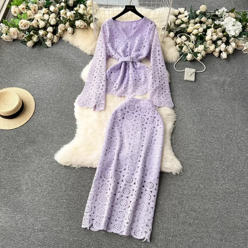 Elegant Vintage Lace Hook Flower Dress Two Piece Sets Slim Waist Long Sleeve Shirts High Waist Package Hip Skirts Women Suit