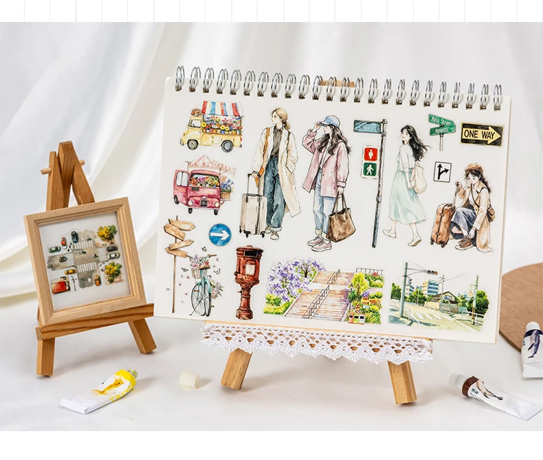Journal GO Reise-Themen-Aufkleberbuch, 50 Stück Aquarell-Landschafts- und Personen-PET-Aufkleber für Planer, Karten, Tagebücher und Scrapbooks – Detail 10