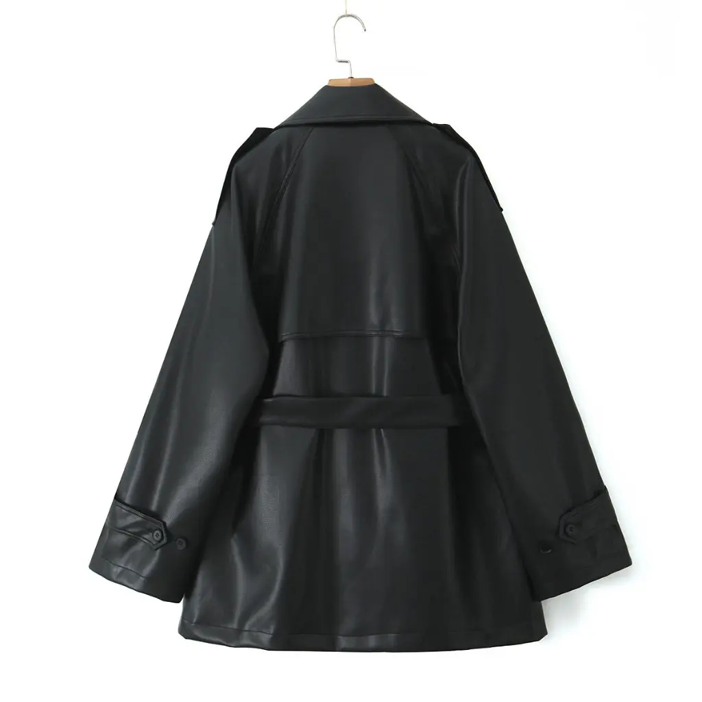 Leren damesjas met dubbele rij knopen, high-end strakke taille, casual losse pasvorm, halflange lengte voor de herfst
